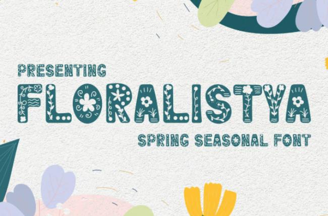 Floralistya flower font displaying elegant script letters with delicate floral decorations and botanical elements