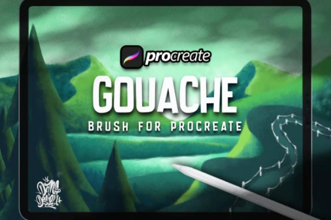 DansDesign Gouache Procreate Brush set showcasing organic paint strokes and textures on digital canvas