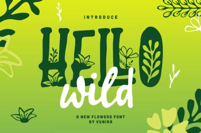 Hello Wild flower font showcasing free-spirited letters with wild flower decorations and untamed botanical elements