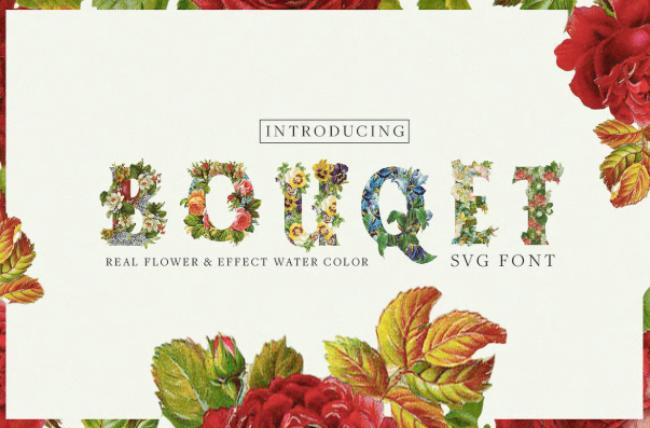 Bouqet flower font featuring watercolor-style letters with soft floral washes and artistic botanical paintings