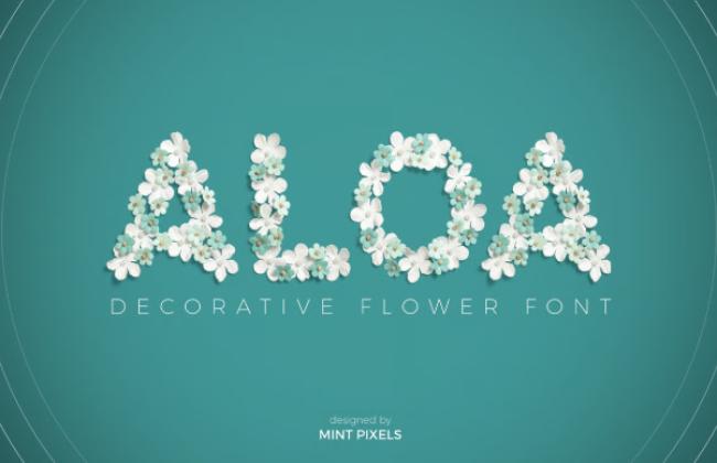 Aloa flower font displaying tropical-inspired letters with exotic flower decorations and island botanical elements
