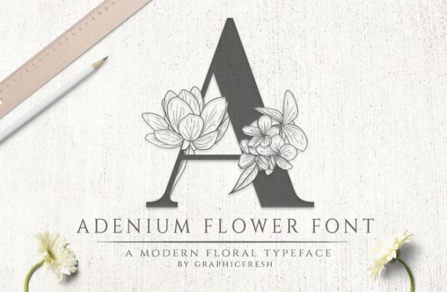 Adenium flower font showing desert-inspired letters with succulent and desert flower decorations