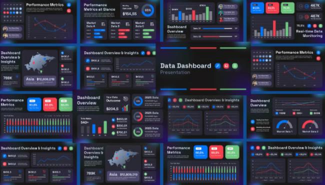 Real-time data dashboard PowerPoint template with UI elements