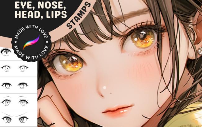 Anime face stamps for Procreate including eyes, lips, nose