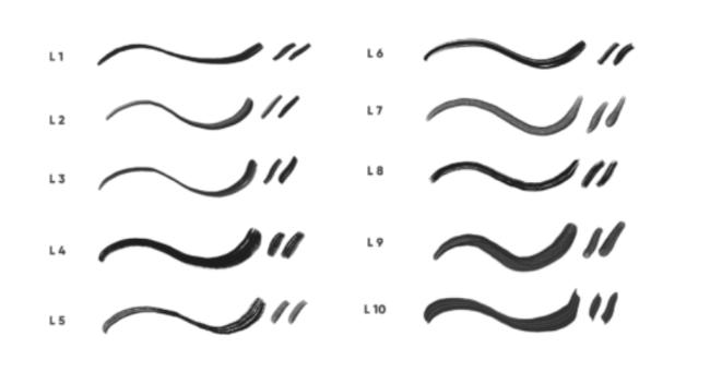 Collection of 10 monoline lettering brushes for Procreate showing various stroke styles and textures