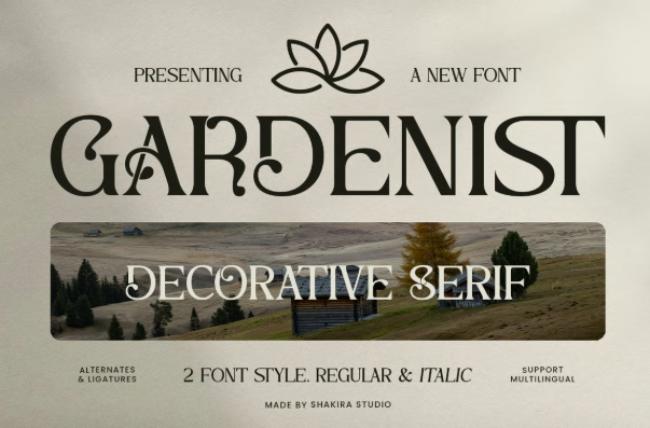 Gardenist modern calligraphy garden font with vine-like connectors and delicate leaf flourishes