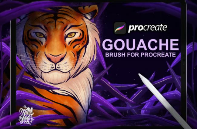 Professional gouache brush collection for Procreate featuring varied brush textures and painting techniques