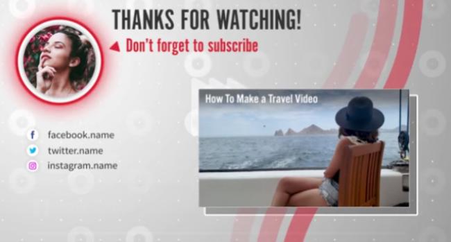 Single video end screen with profile image and social links