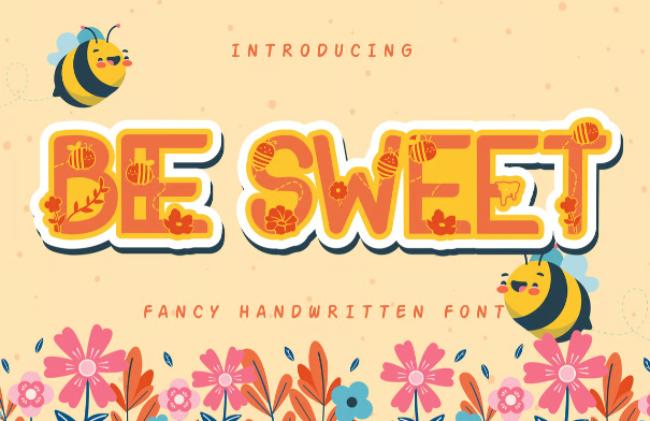 Bee Sweet fancy handwritten font featuring honey-inspired letters with bee-friendly flower decorations and pollinator botanical elements