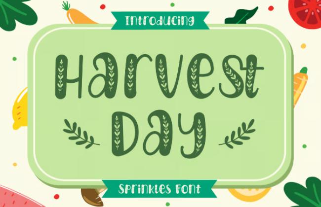 Harvest Day sprinkles font showing autumn-inspired letters with harvest flower decorations and seasonal botanical elements