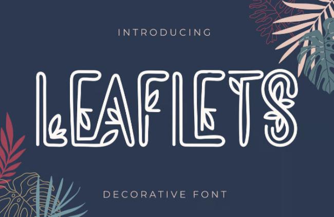 Leaflets decorative font featuring letters adorned with small leaf clusters and delicate foliage botanical decorations