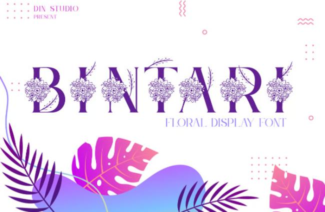 Bintari floral display font featuring bold letters with exotic flower decorations and international botanical elements