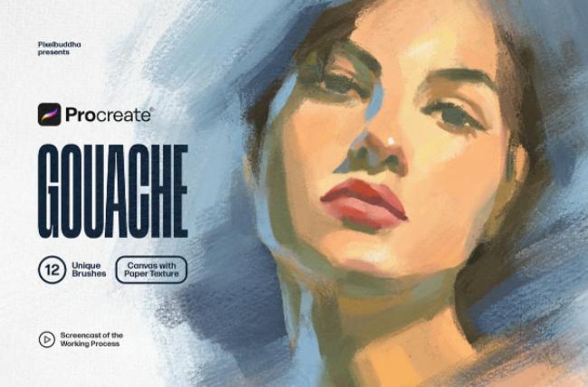 Collection of 12 gouache brushes for Procreate displaying smooth, soft paint strokes and natural textures