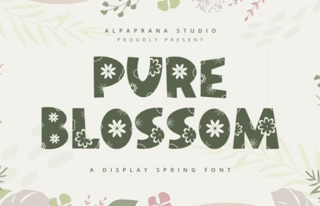 Pure Blossom font displaying clean letters with pure flower blossom decorations and fresh botanical elements