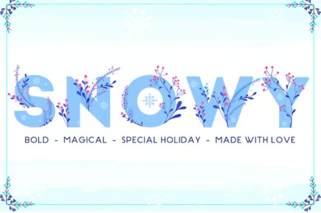 Snowy winter floral font featuring letters with winter flower decorations and cold-weather botanical elements