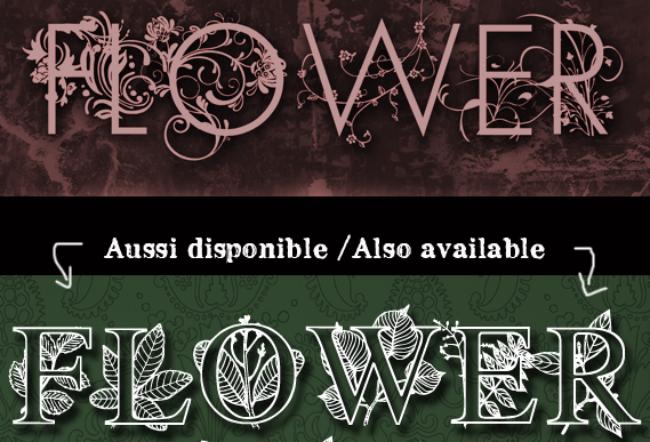 Flower font showing straightforward letters with classic flower decorations and traditional botanical motifs
