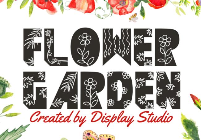 Flower Garden font featuring letters with garden-variety flower decorations and cultivated botanical arrangements