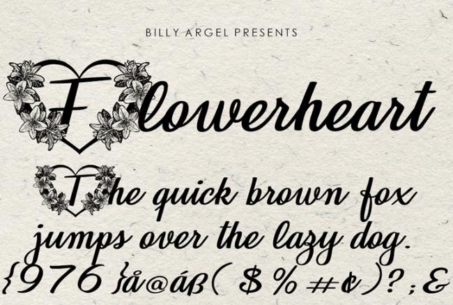 Flowerheart font displaying romantic letters with heart-shaped flower decorations and love-themed botanical elements