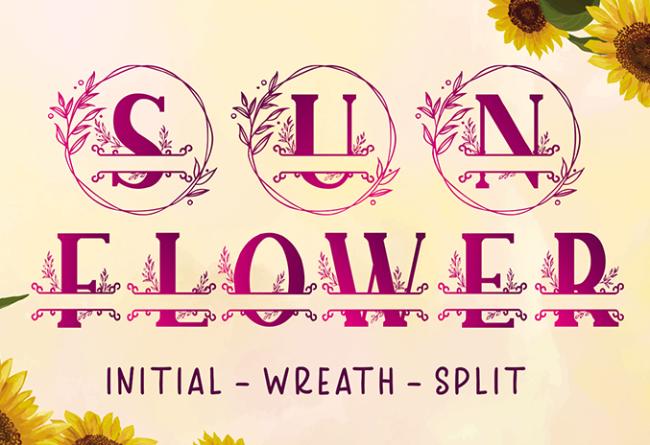 Sunflower Monogram font showing bold letters with sunflower decorations and bright yellow botanical elements