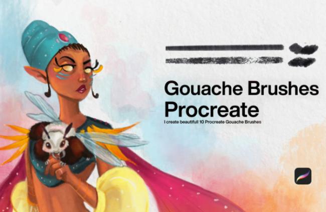 Set of 10 specialized gouache brushes for Procreate designed to simulate traditional gouache painting techniques