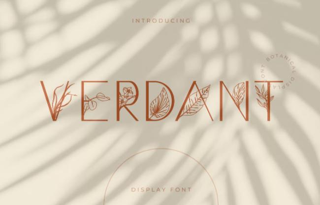 Verdant flower font showing modern serif letters enhanced with green leafy botanical decorations