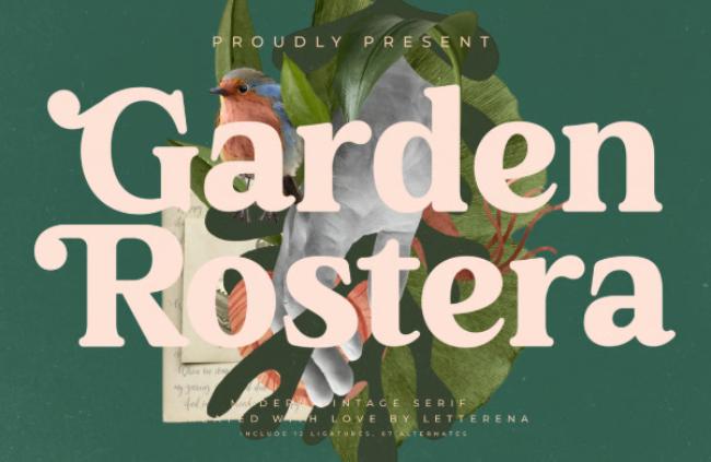Garden Rostera elegant serif garden font with rose stem swashes and thorn detailing