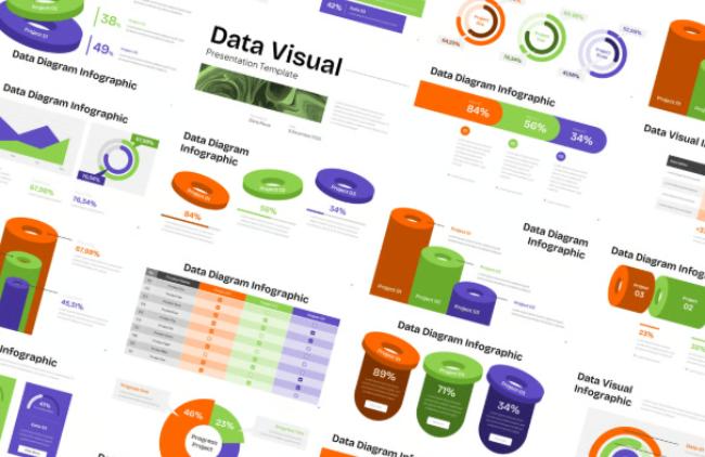 Creative data visualization PowerPoint with 3D elements and icons