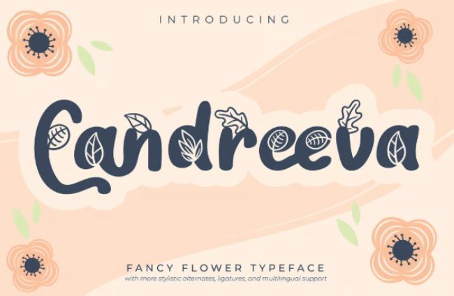 Candreeva fancy flower font featuring elaborate script letters with decorative floral swirls and ornaments