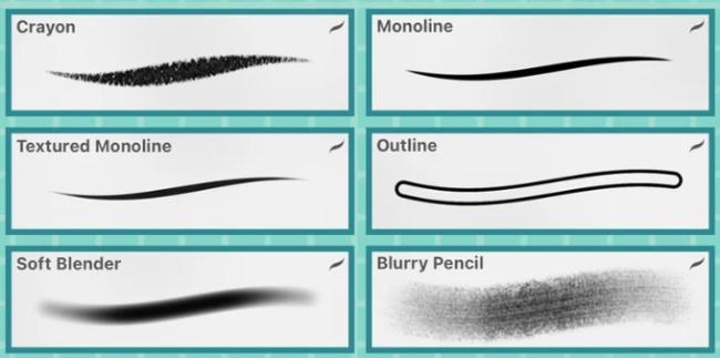 Collection of 12 essential Procreate brushes including monoline brush with sample strokes and textures