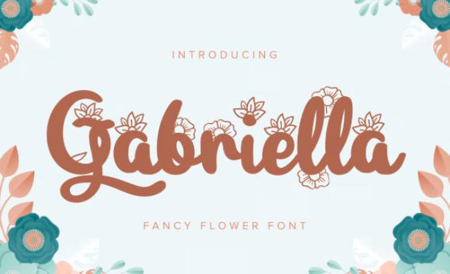 Gabriella fancy flower font displaying elegant calligraphy with delicate petal decorations and floral flourishes
