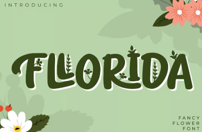 Fllorida fancy flower font showing tropical-inspired letters with bold floral elements and vibrant botanical designs