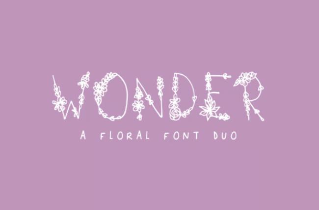 Wonder floral font featuring whimsical letters with enchanting flower decorations and magical botanical elements