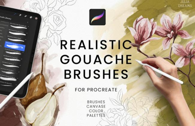 Collection of 36 high-quality realistic brushes including gouache, oil paints, acrylics, and various artistic textures