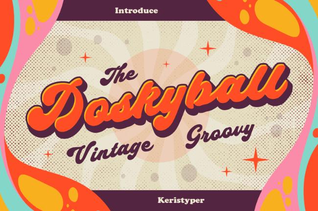 Doskyball retro script font display showing curved letters with 1970s styling