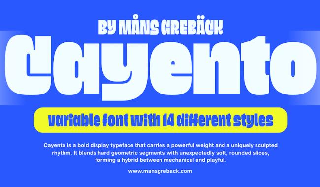 Cayento bold display typeface showing geometric shapes mixed with rounded elements creating unique character