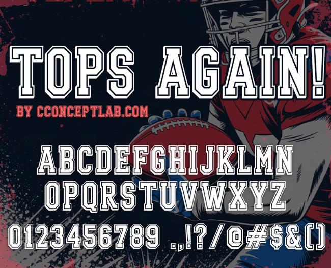 Tops Again college-themed typeface with shadow effects ideal for university and sports designs