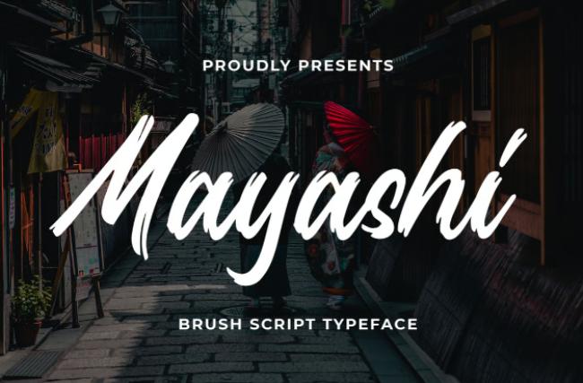 Mayashi Japanese calligraphy font displaying traditional brush script characteristics
