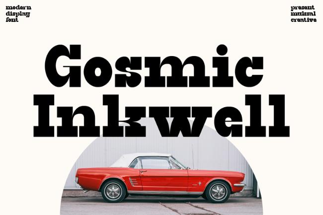 Gosmic Inkwell futuristic display font showing cosmic-inspired letters with modern design elements