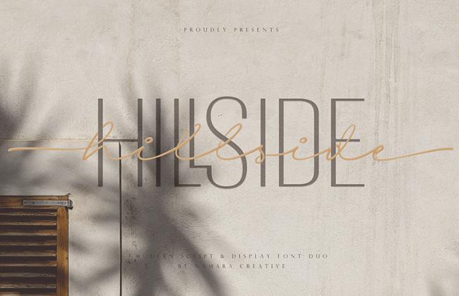 Hillside font duo showing clean sans serif paired with elegant script font for versatile design options