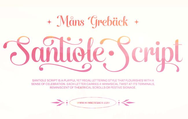 Santiole Script decorative font with ornate flourishes and theatrical lettering style